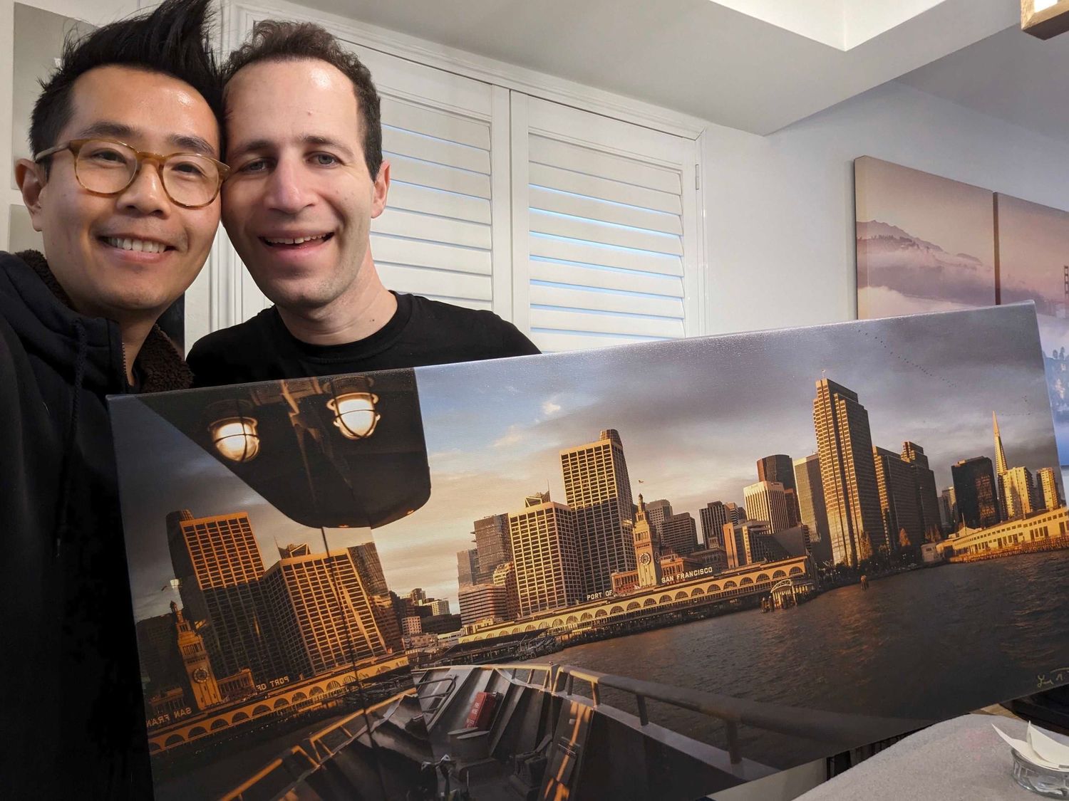 Panoramic cityscape view canvas print of San Francisco buildings and mountains at sunset. Printed in Escaype Print Lab in Marin County, CA.