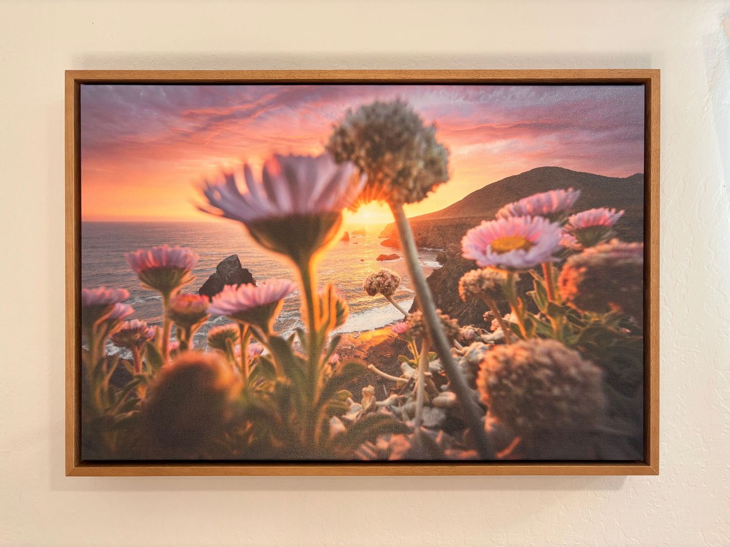 Canvas print of Jeff Lewis's landESCAPEvisuals Sonoma Coast photo with dramatic sunset. Framed canvas in Escaype Print Lab, Marin County.