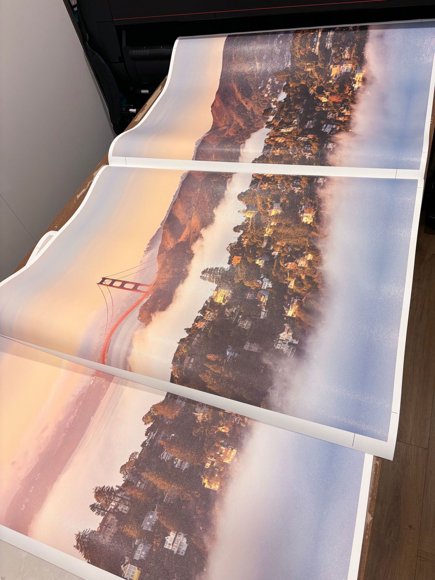 Large format print showing a mountain landscape at sunset split into multiple panels. Printed in Escaype Print Lab in Marin County, CA.