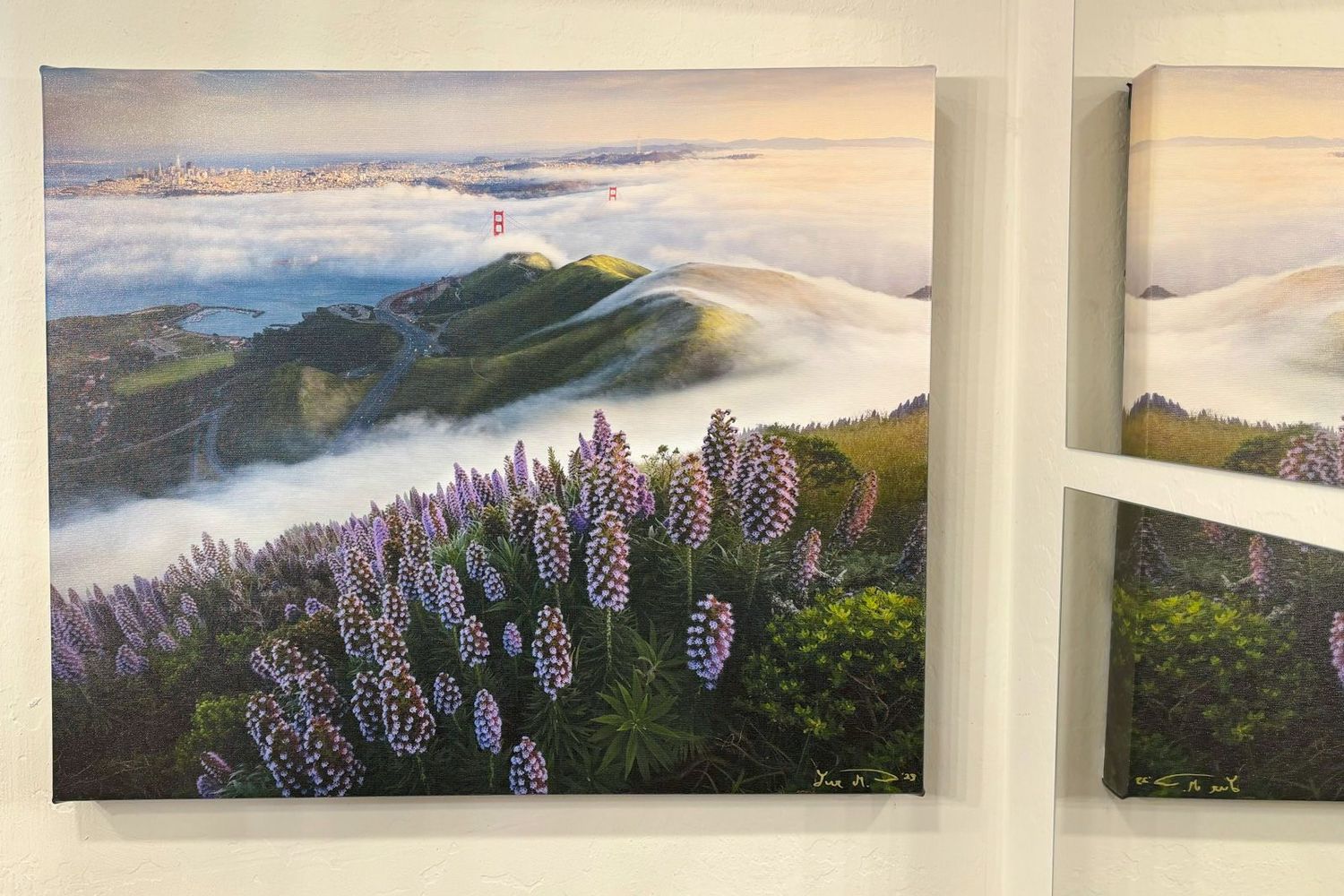 Panoramic landscape print showing mountains, San Francisco, and purple wildflowers at sunrise. Printed in Escaype Print Lab in Marin County.