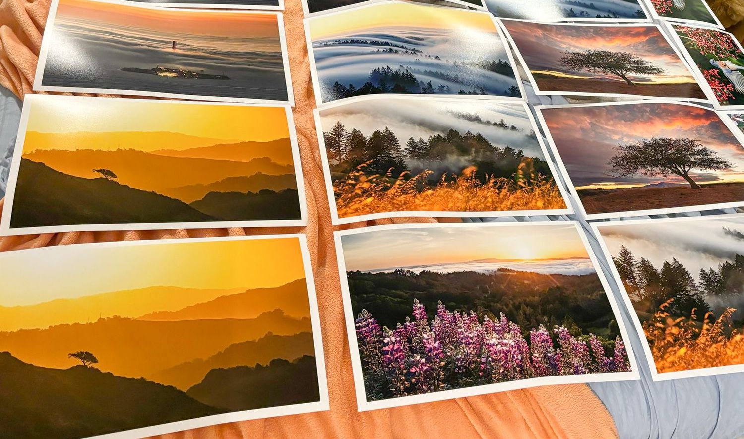 Collection of landscape prints featuring mountain scenes and colorful sunsets. Printed in Escaype Print Lab in Marin County, California.