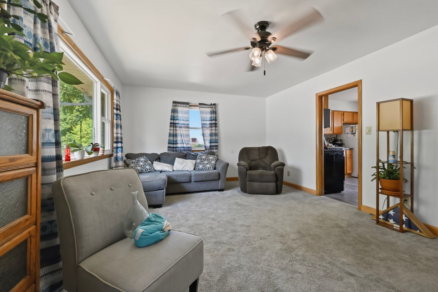 Modern apartment interior collage showing living spaces with ceiling fan, grey carpeting, and neutral decor throughout.