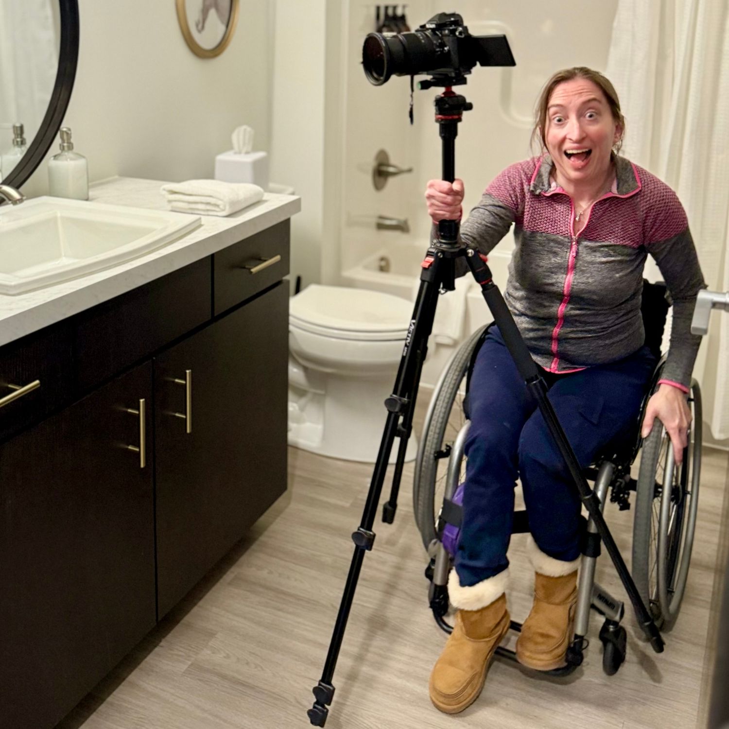 A sequence of images showing someone in a wheelchair demonstrating how to navigate a bathroom space.