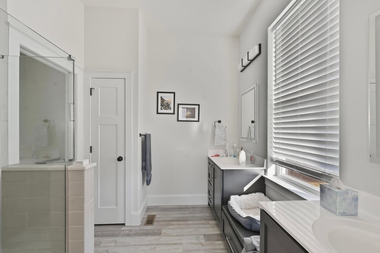 Modern white interior hallway with shiplap walls, hardwood floors, and multiple doorways in a minimalist design style.