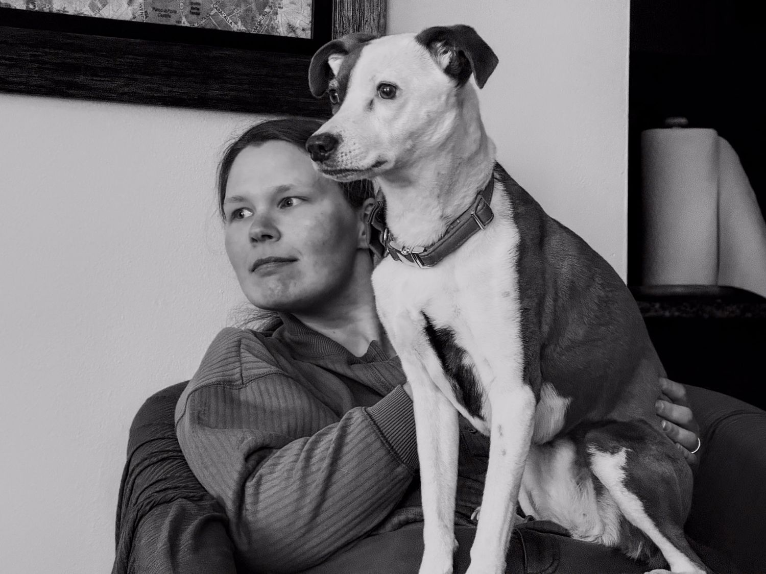 Black and white portraits with a white and tan chihuahua mix dog.