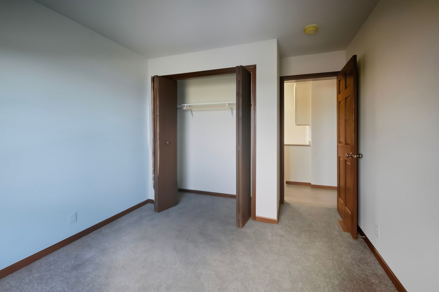 Long empty hallway with white walls, brown trim, and beige carpet leading to multiple doorways.