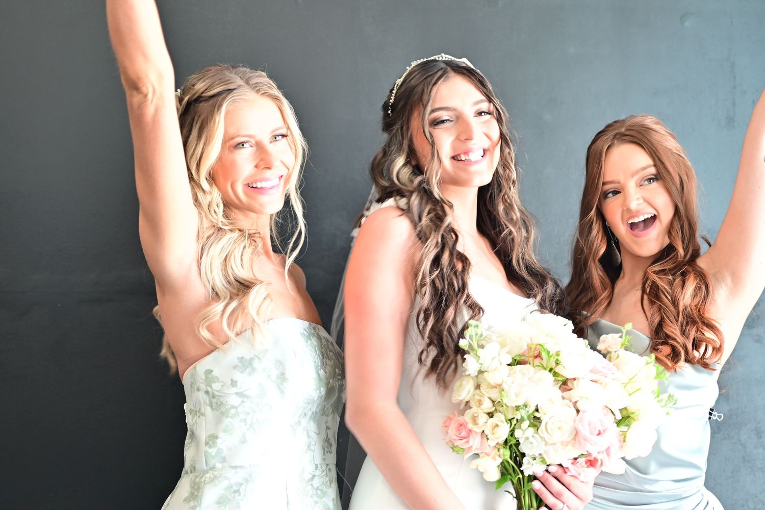 A series of six photos showing a bridal party in light blue bridesmaid dresses posing and smiling together.
