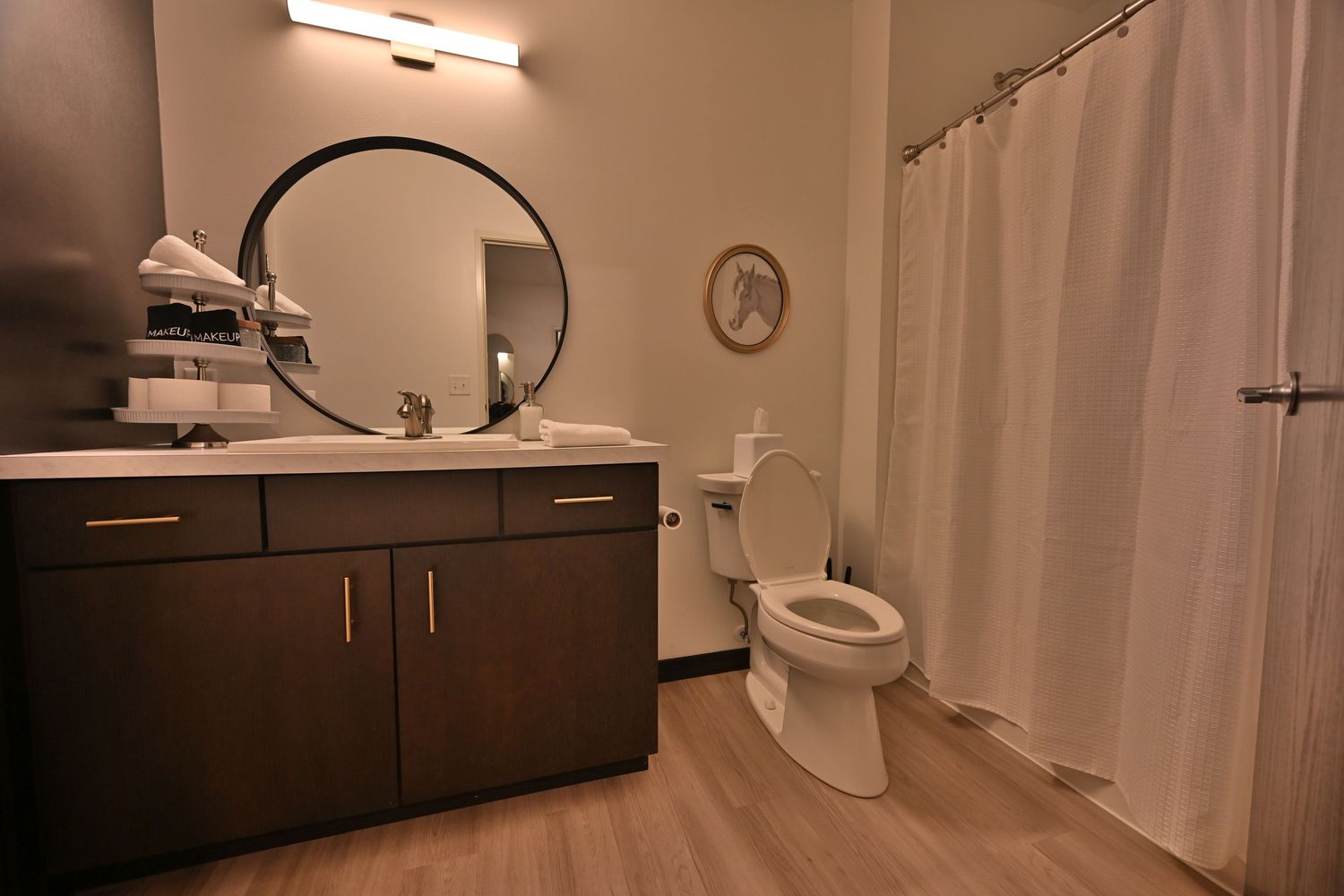Modern bathroom interior with dark wood vanity, white countertop, and minimalist lighting fixture mounted above mirror.