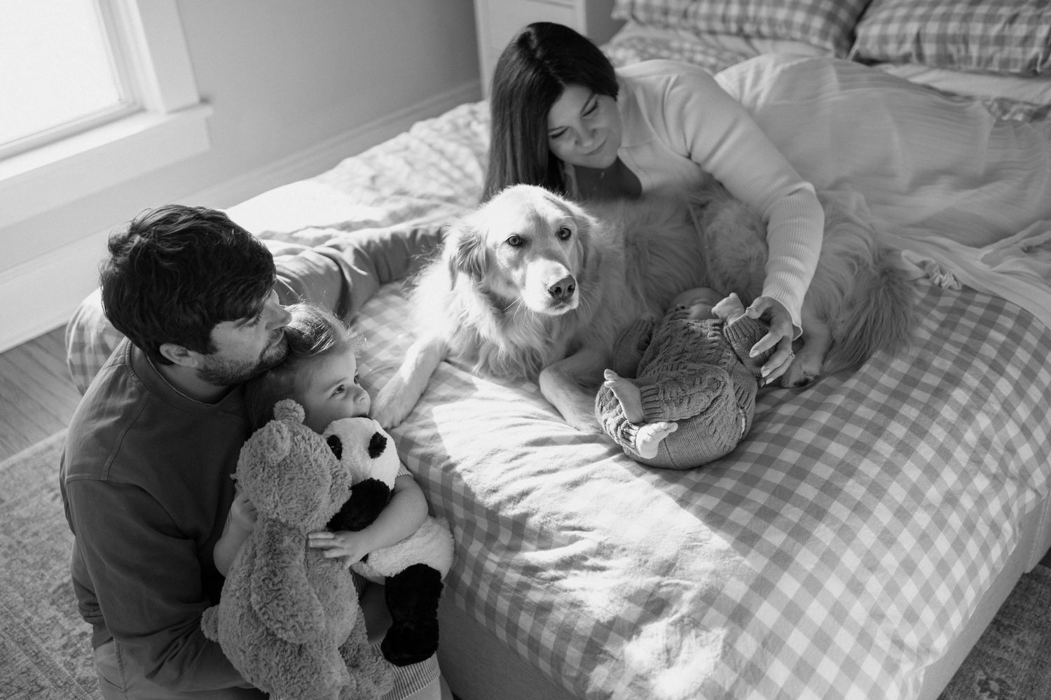 Black and white photo of parents and golden retriever on a plaid bed with toddler holding a stuffed panda toy.