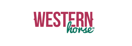 A red Western horse feed logo design with white text and decorative flourishes.