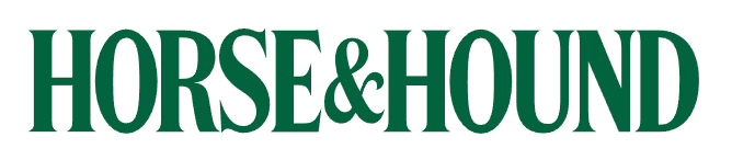 A vintage green and white Horse & Hound magazine logo with decorative text and equestrian design elements.