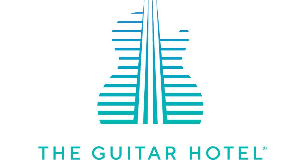 A modern hotel logo design featuring a stylized teal triangle pattern that resembles both a guitar and a building structure.