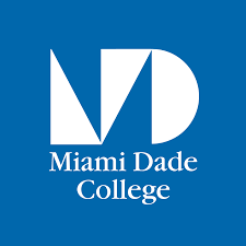 Miami Dade College logo in white text on bright blue background.