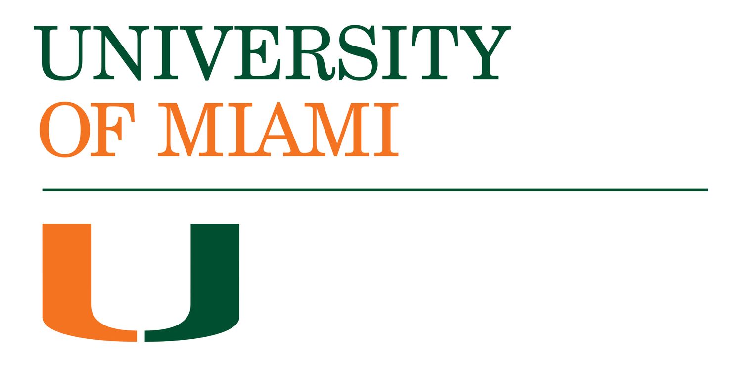 University of Miami logo featuring a split orange and green U symbol against a white background.