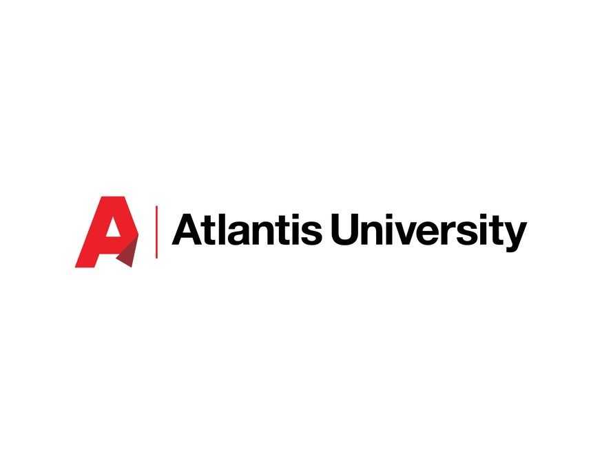 A red and white university logo for Atlantis University with stylized text and a capital A emblem.