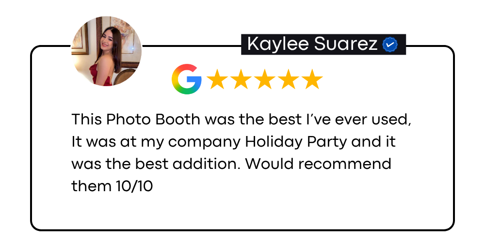A row of Google review screenshots showing 5-star ratings and positive feedback for a photo booth service.