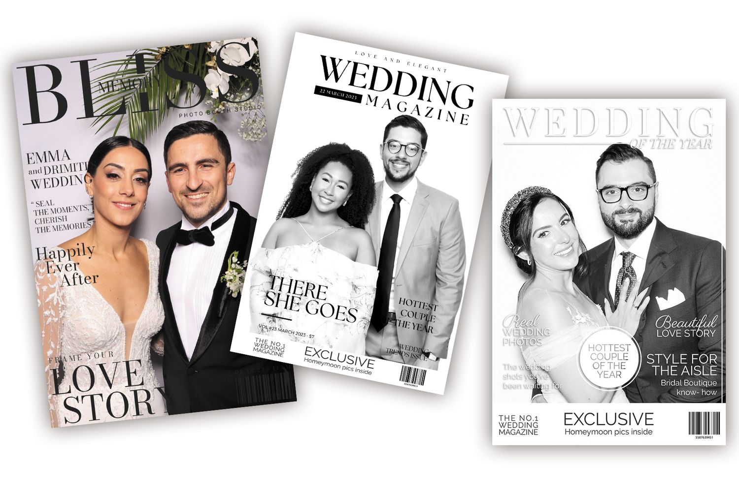 A row of black and white wedding magazine covers with various design layouts displayed side by side.