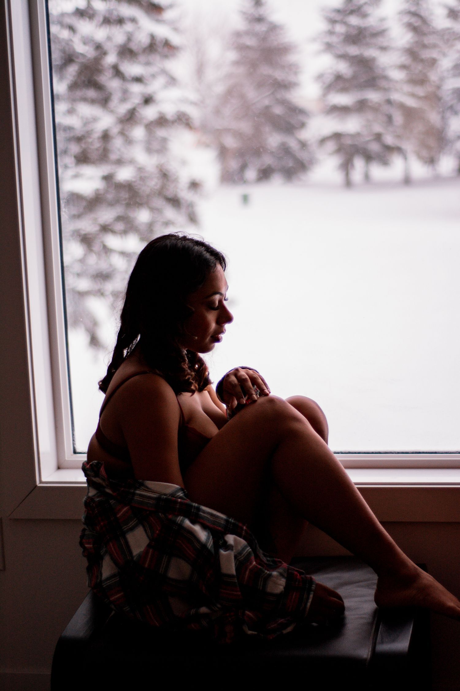 Artistic silhouette photo of person gazing out window at snowy landscape.