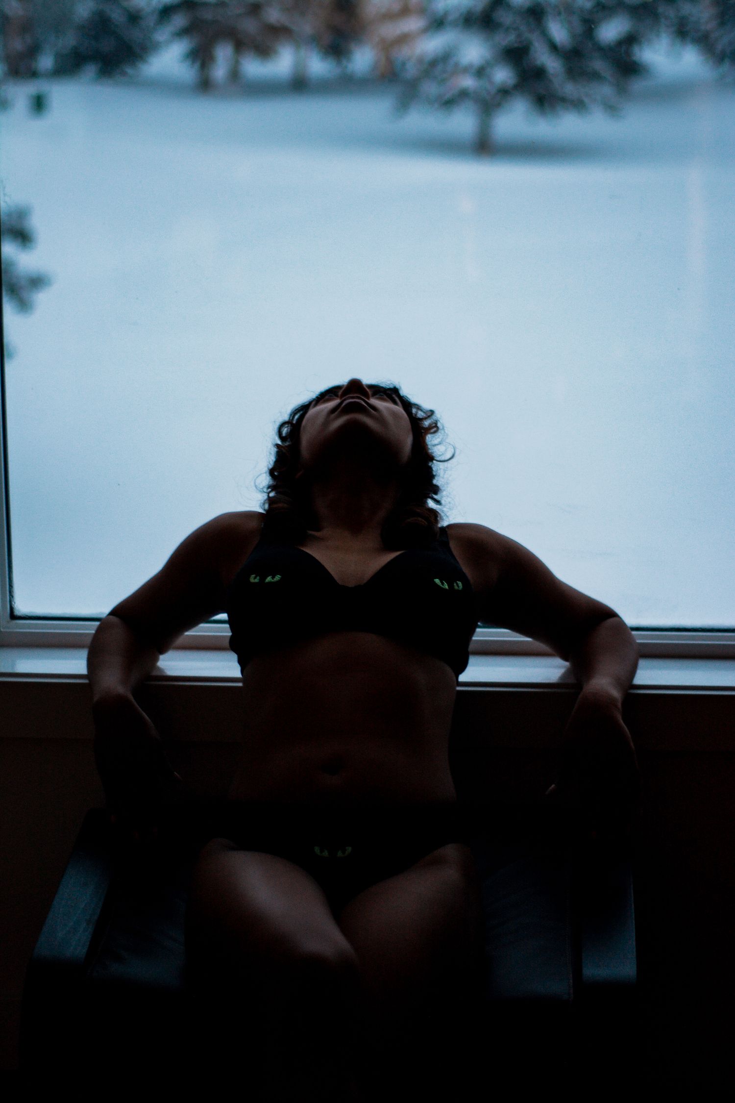 Silhouetted figure poses by window against snowy winter forest backdrop.