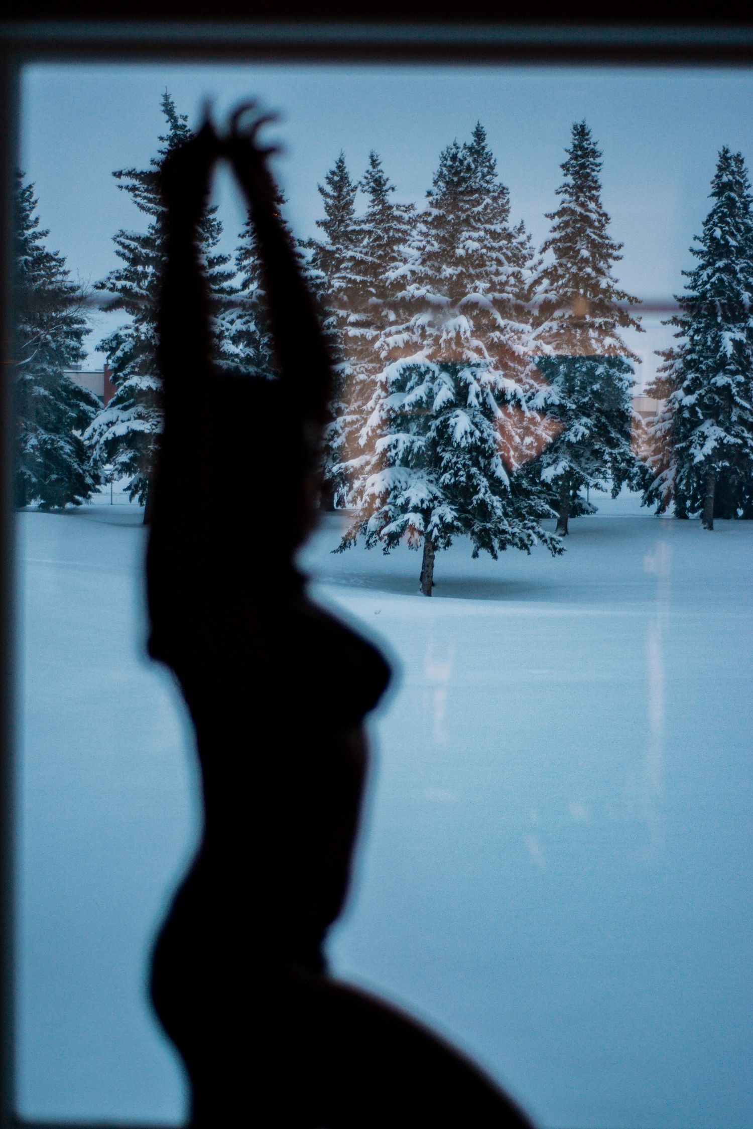 Dramatic shadow figure poses against window with snow-covered pine trees beyond.