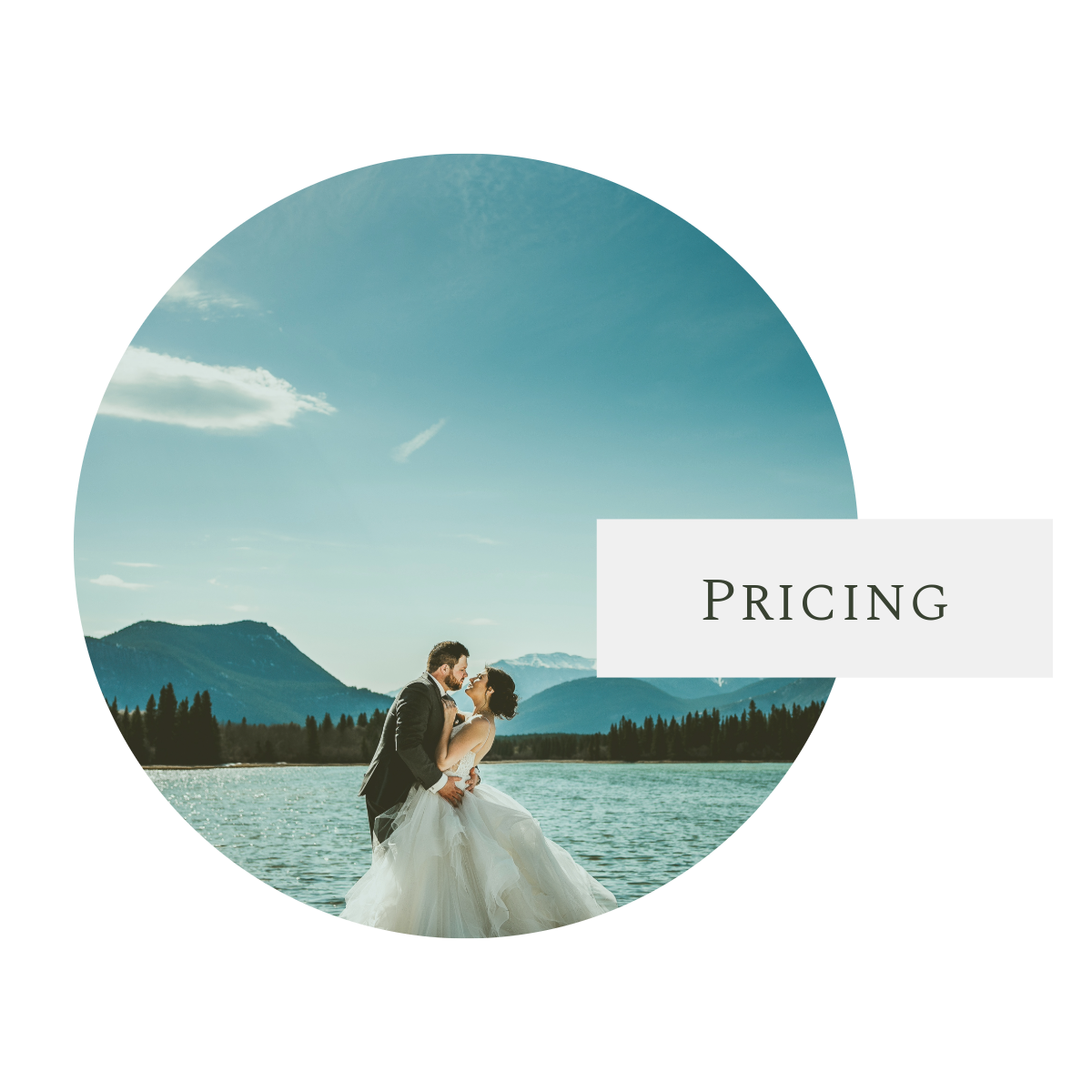 Wedding couple shares a romantic moment by a scenic mountain lake during sunset photography session.