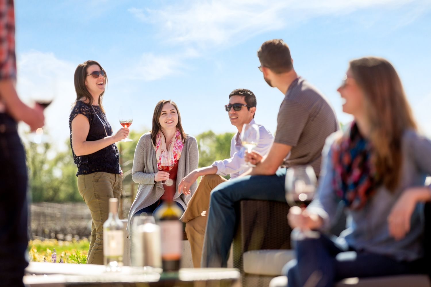 Group of friends enjoying wine tasting outdoors on a sunny day at a vineyard.