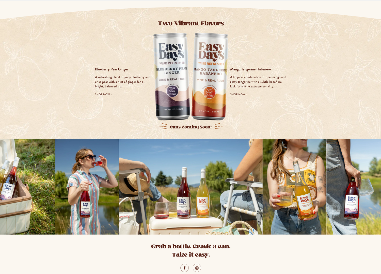 Two cans of Easy Days canned wine in raspberry and tangerine flavors above a photo strip of friends enjoying wine outdoors.