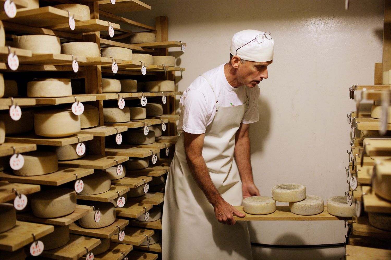 Cheese aging room with wooden shelves stocked with rounds of aging cheese wheels.