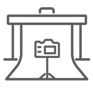 Series of minimalist device and screen icons arranged horizontally in gray line art.