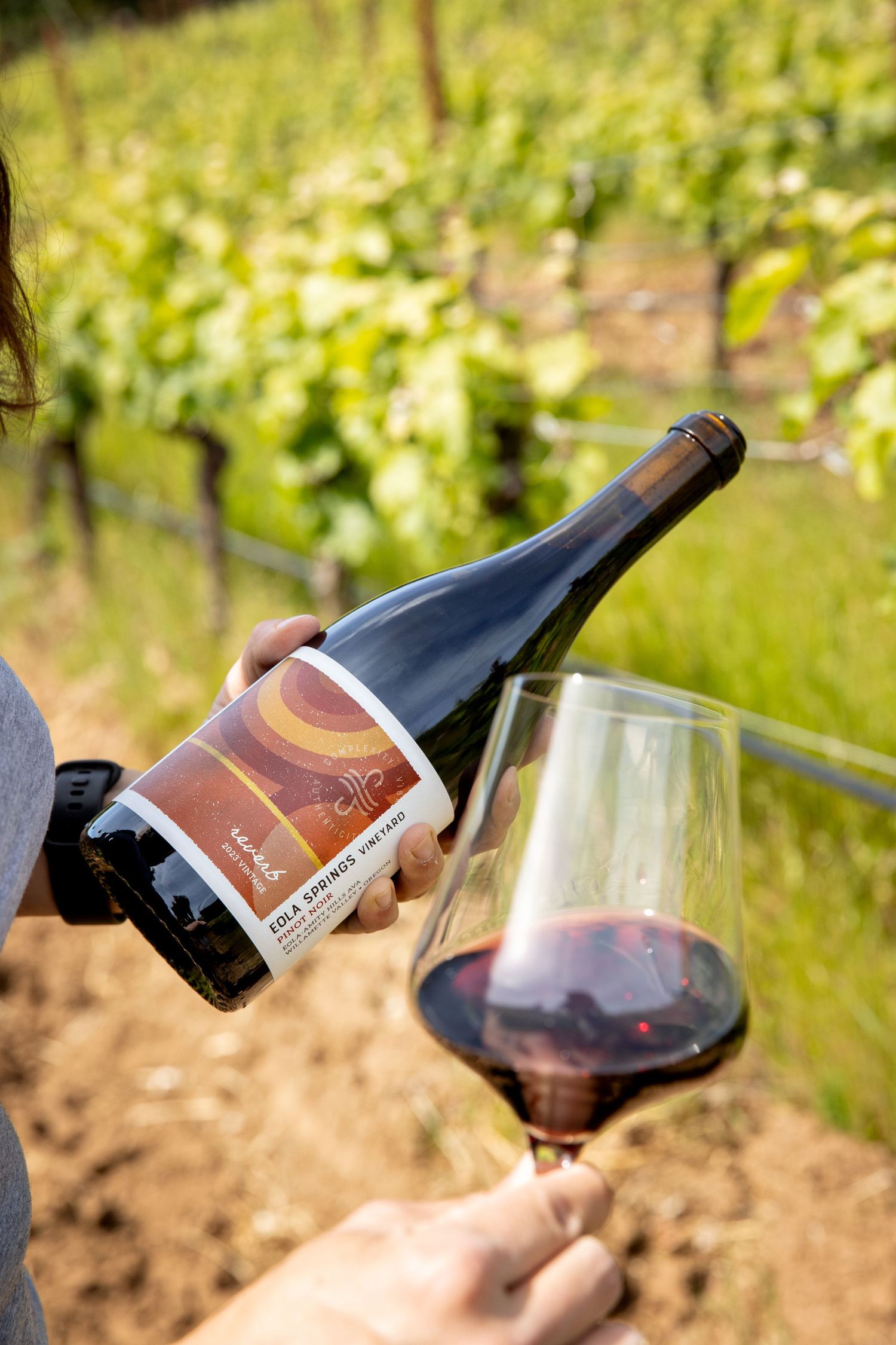 Hands pour red wine from an Edna Springs Vineyard bottle into a stemmed glass amid green grapevines in a sunny vineyard.