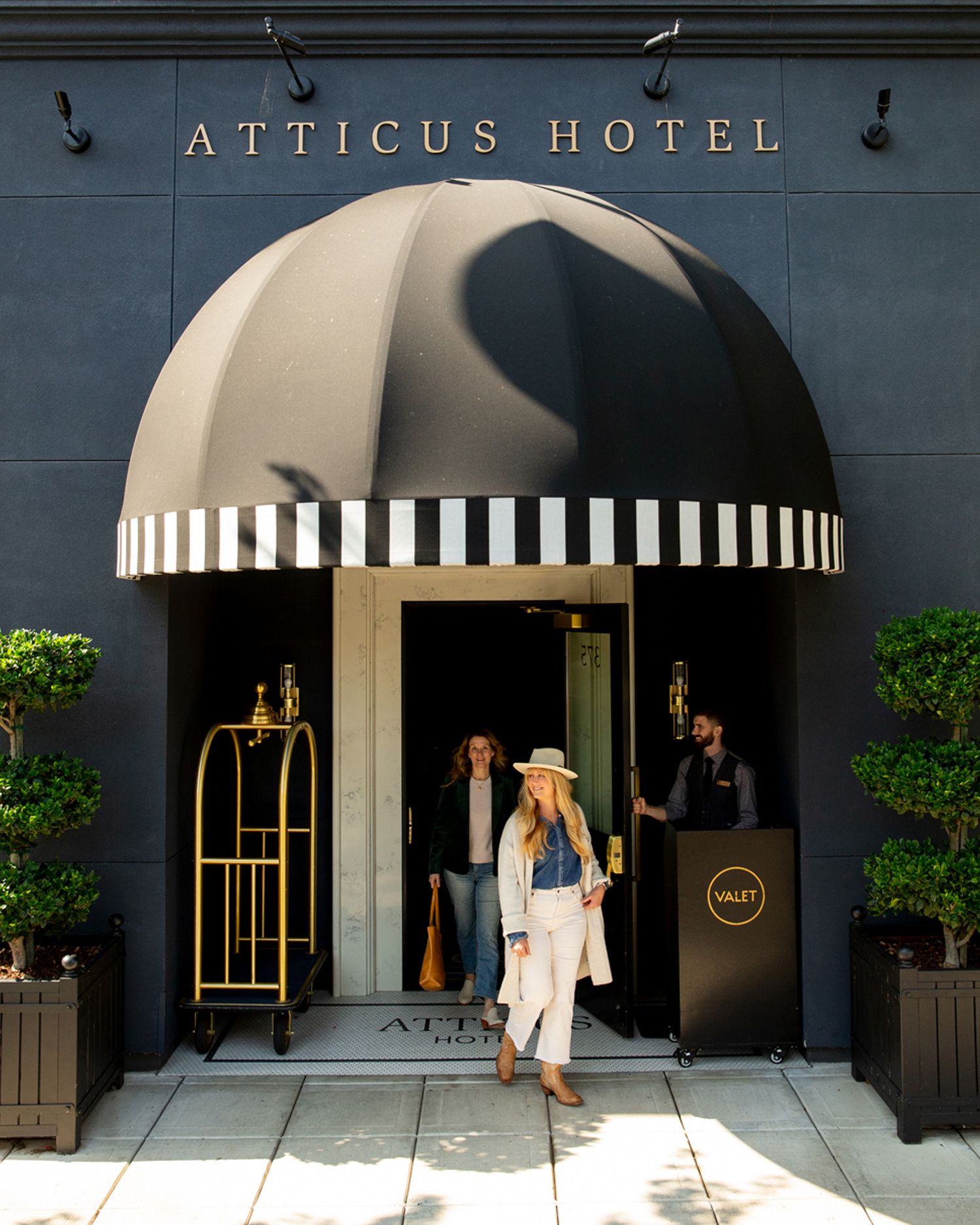Elegant hotel entrance with black and white striped awning and gold accents.