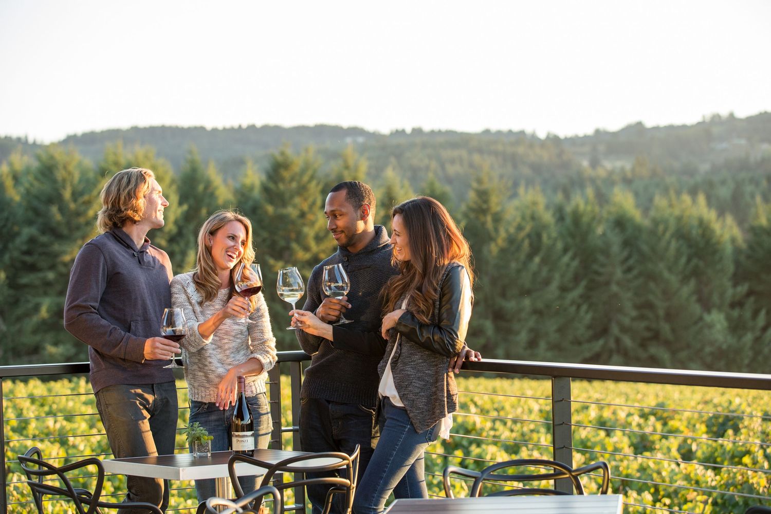Group enjoying wine tasting on an outdoor terrace overlooking scenic vineyard views.