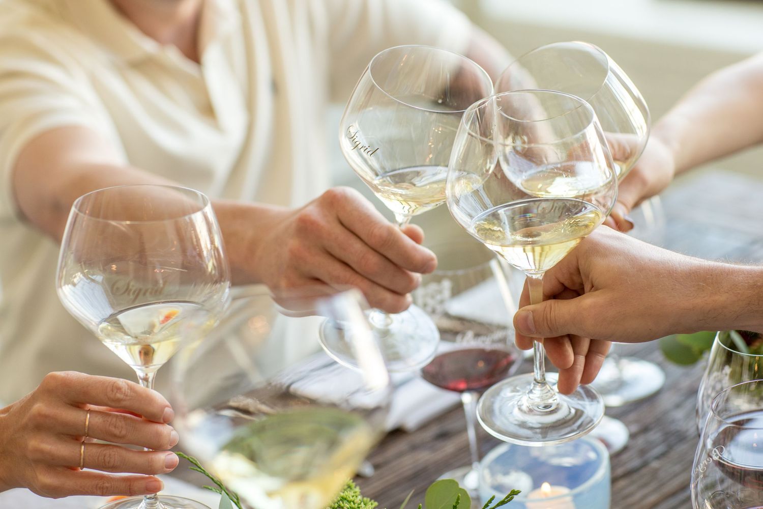 Multiple hands holding wine glasses in a toast gesture over a white tablecloth at a social gathering.