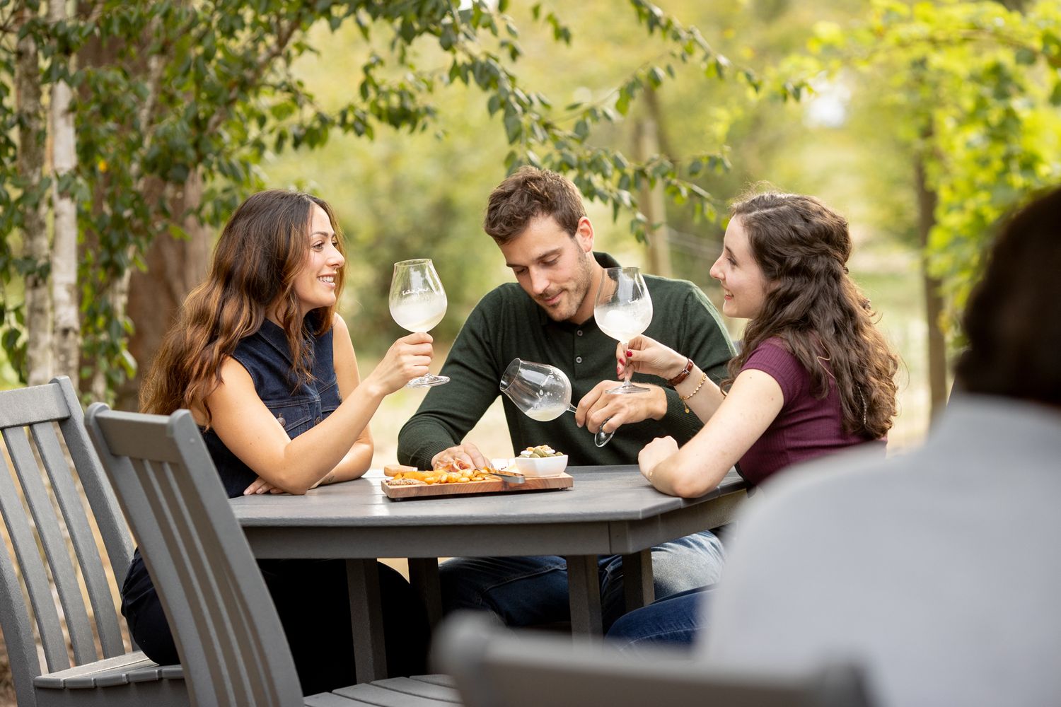 Three friends toasting with white wine glasses outdoors at a winery patio surrounded by lush green trees.