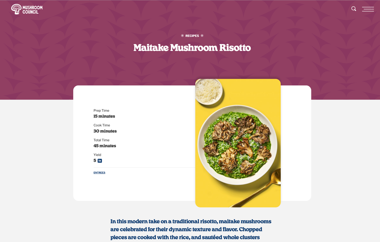 A series of recipe website screenshots showing mushroom risotto dishes and cooking instructions on a purple background.
