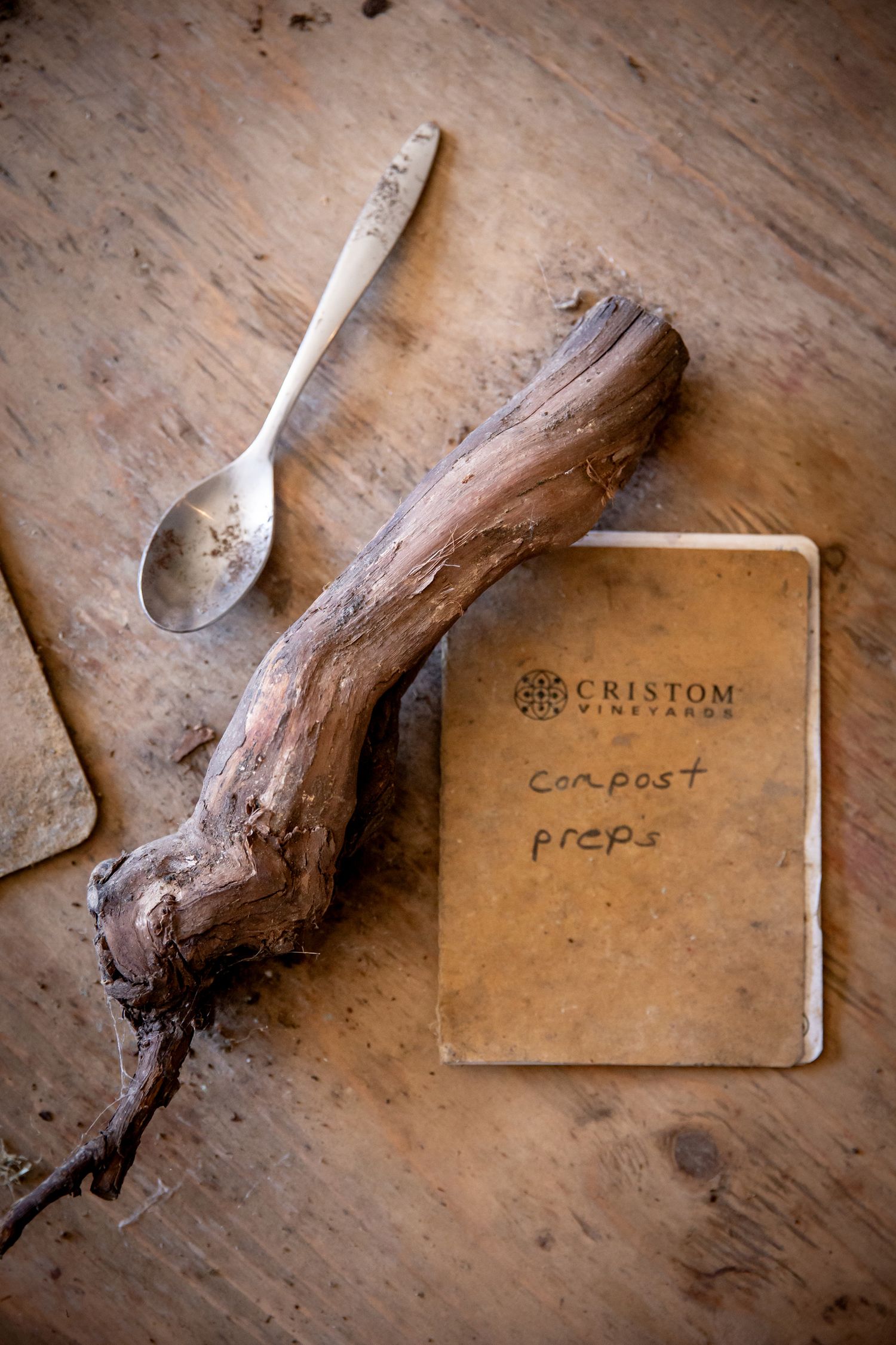 Vintage spoon, dried branch and notebook labeled 'compost prep' on weathered wooden surface.