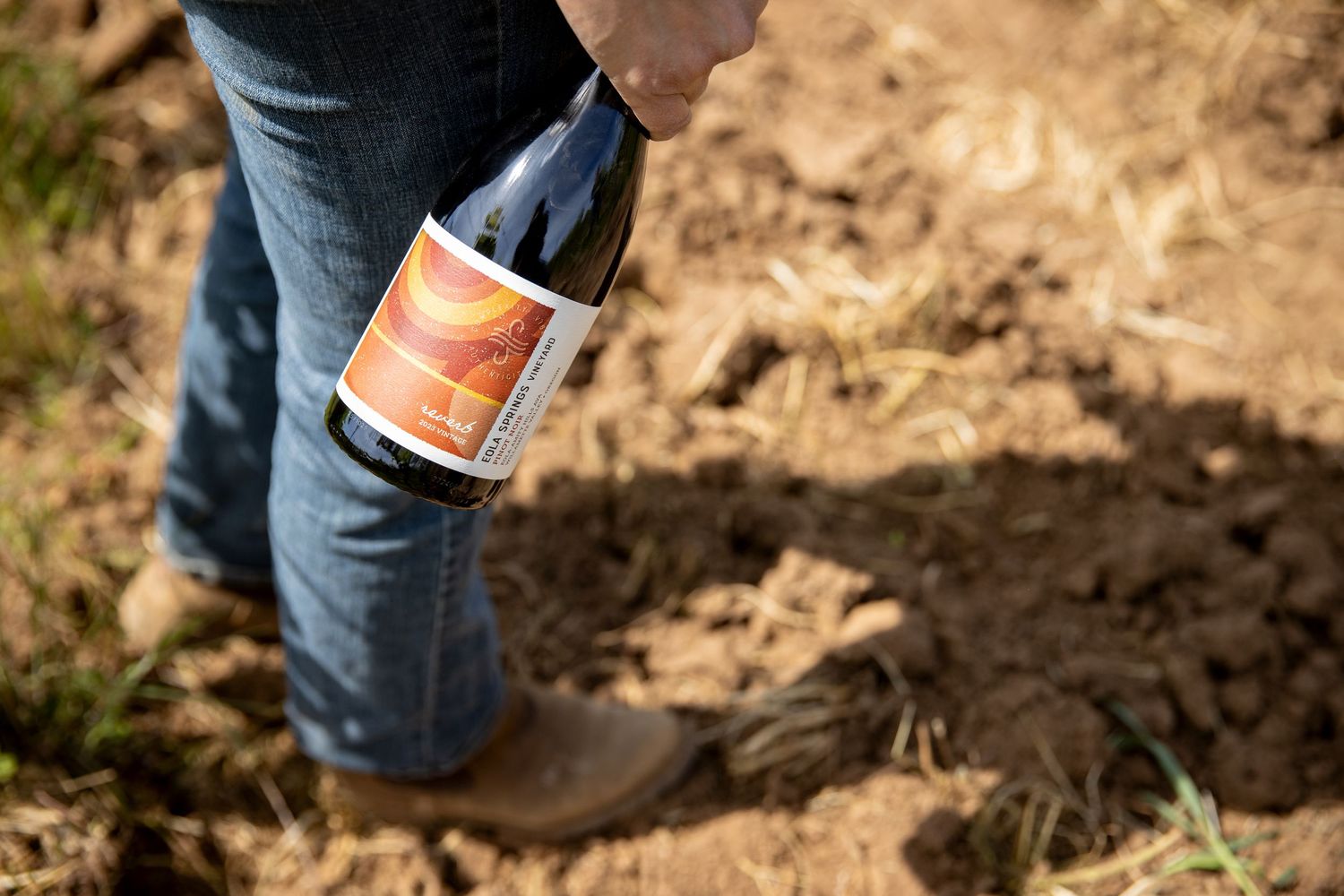Person in jeans and brown boots holds a red-labeled wine bottle while standing on dry, rocky vineyard soil.