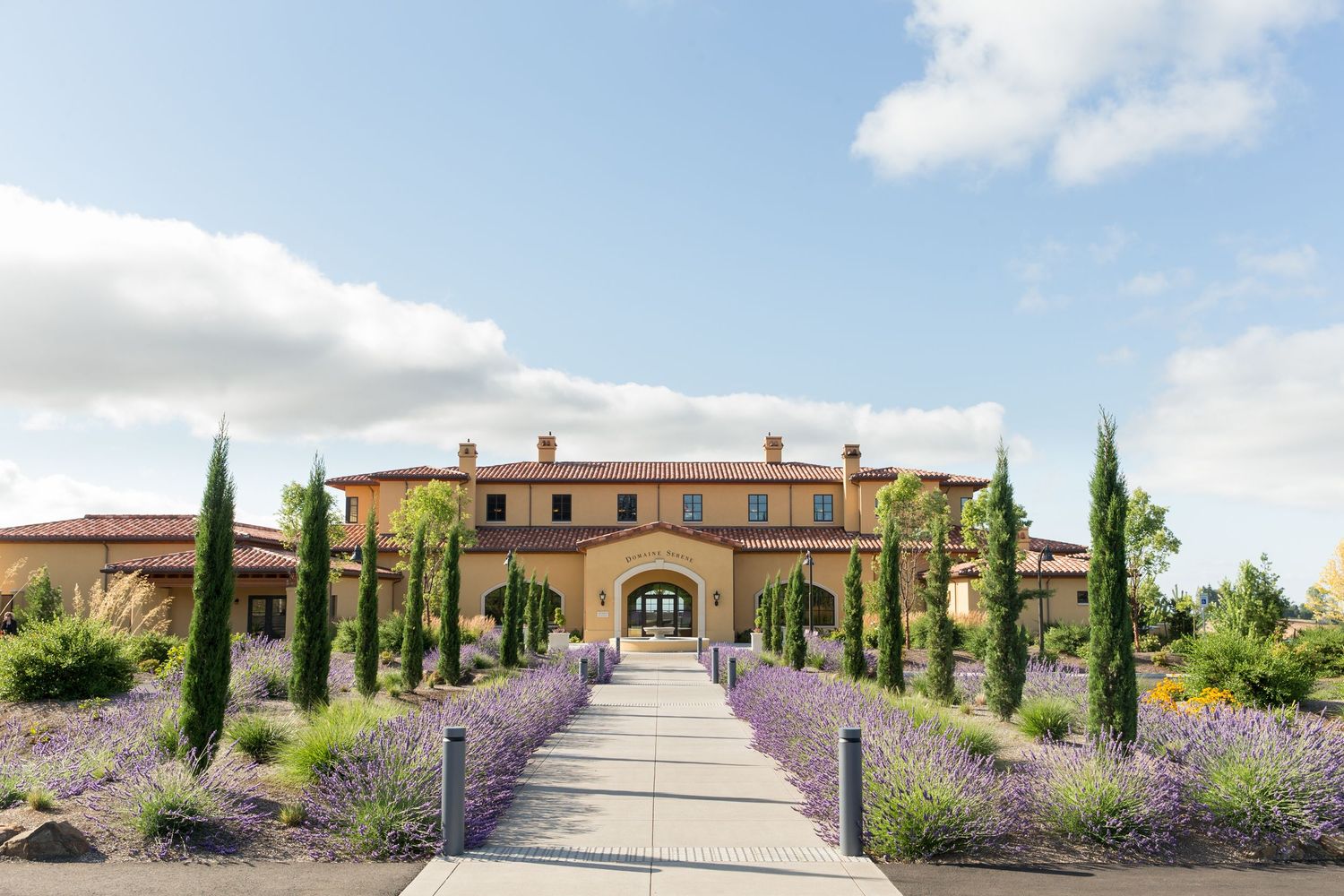 Elegant winery entrance with lavender-lined path leading to Mediterranean-style building.