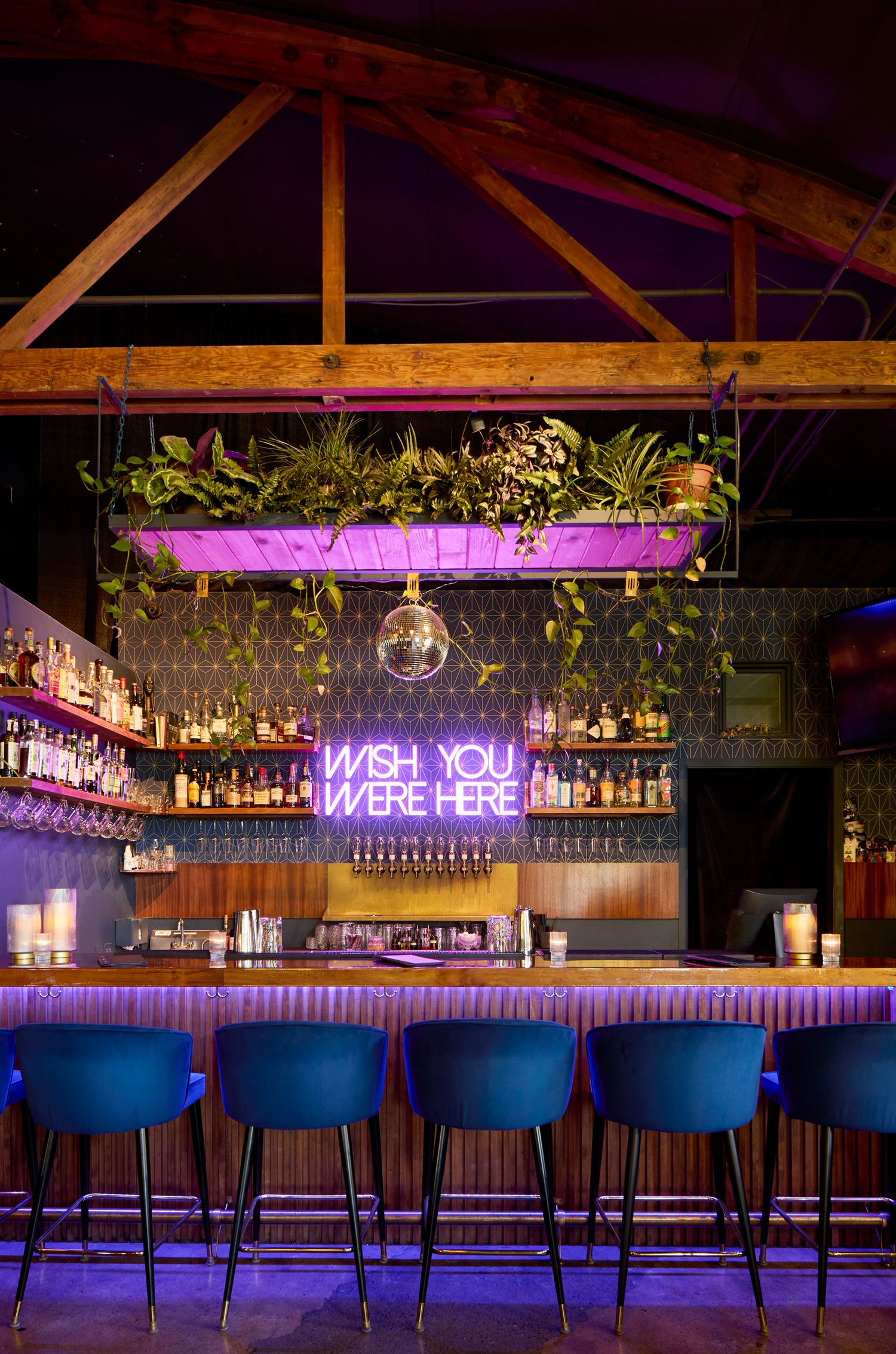 Modern bar with neon lighting, blue barstools and illuminated bottle display.