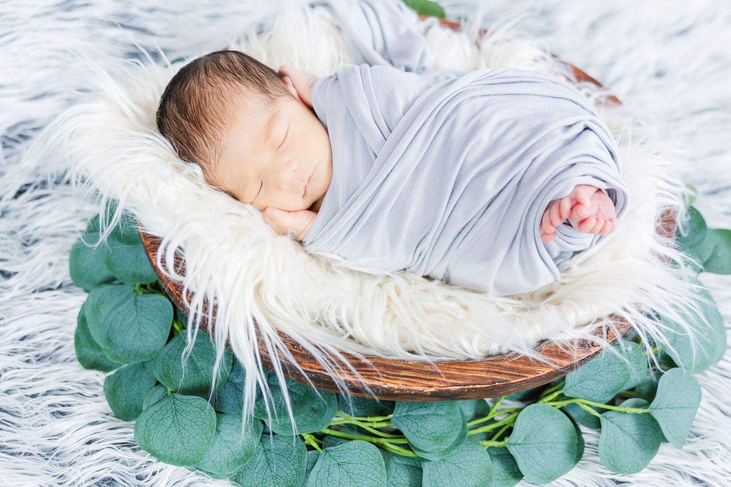 Newborn wrapped in gray swaddle on white fur nest with eucalyptus leaves.