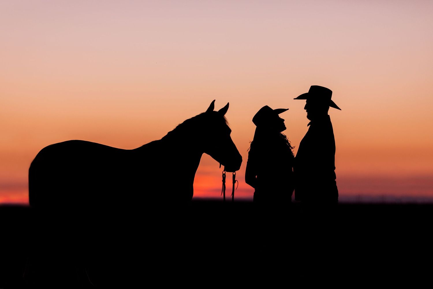 Silhouettes of horses and riders against a dramatic orange and pink sunset sky.