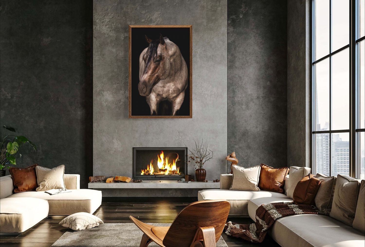 Modern living room with horse portrait above fireplace featuring comfortable sectional seating and floor-to-ceiling windows.