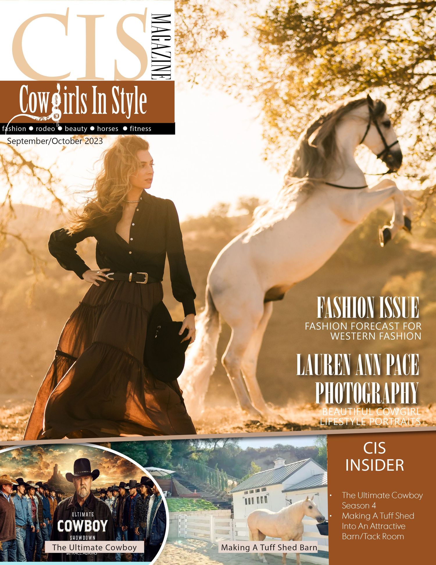 A collage of western fashion and cowgirl lifestyle magazine covers in warm sepia and golden tones.