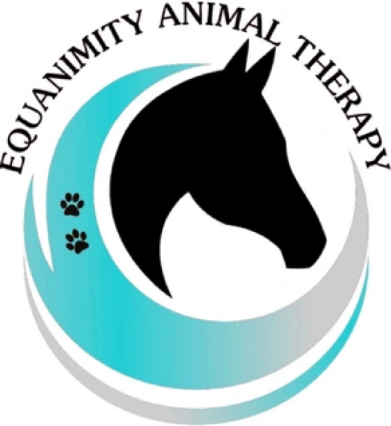 Equanimity Animal Therapy logo showing black horse head silhouette with paw prints on turquoise crescent.