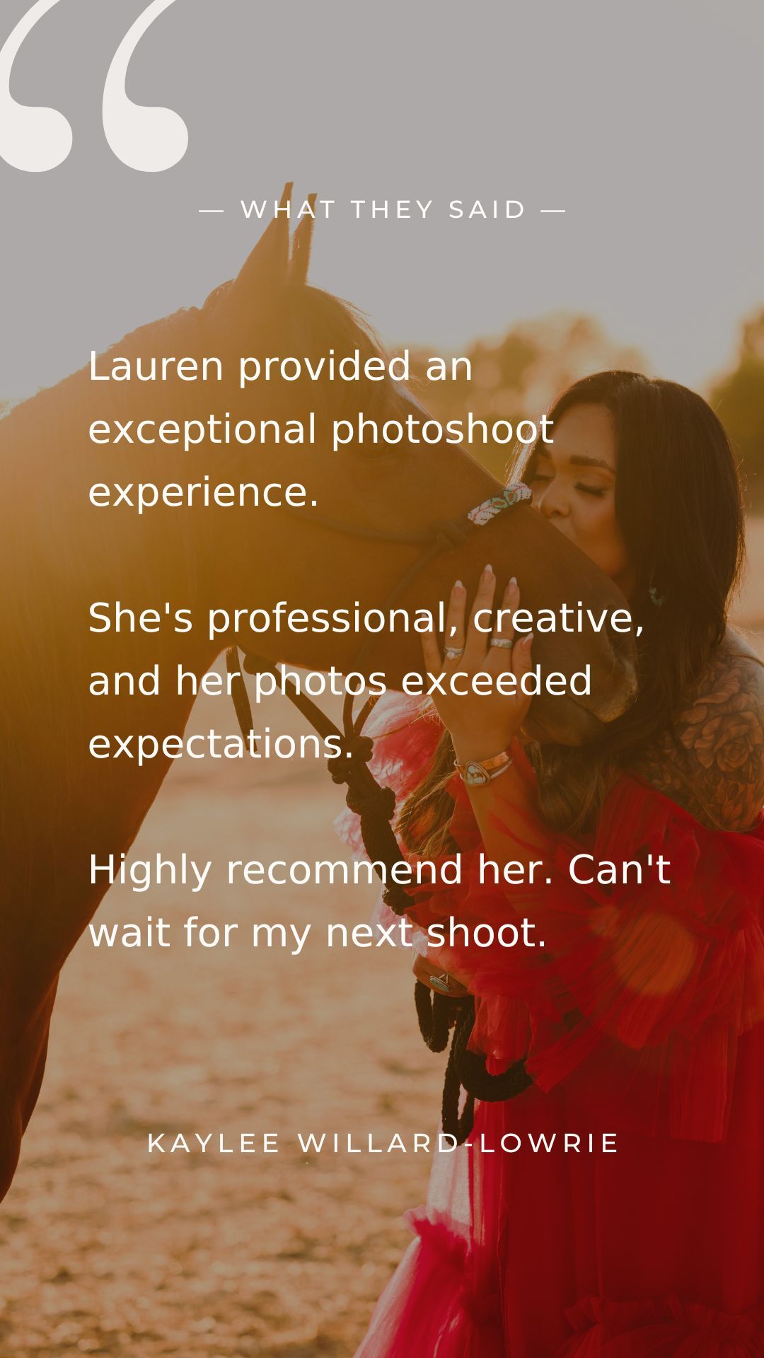 Testimonial quote overlay on warm sunset photo of people in silhouette against orange sky.