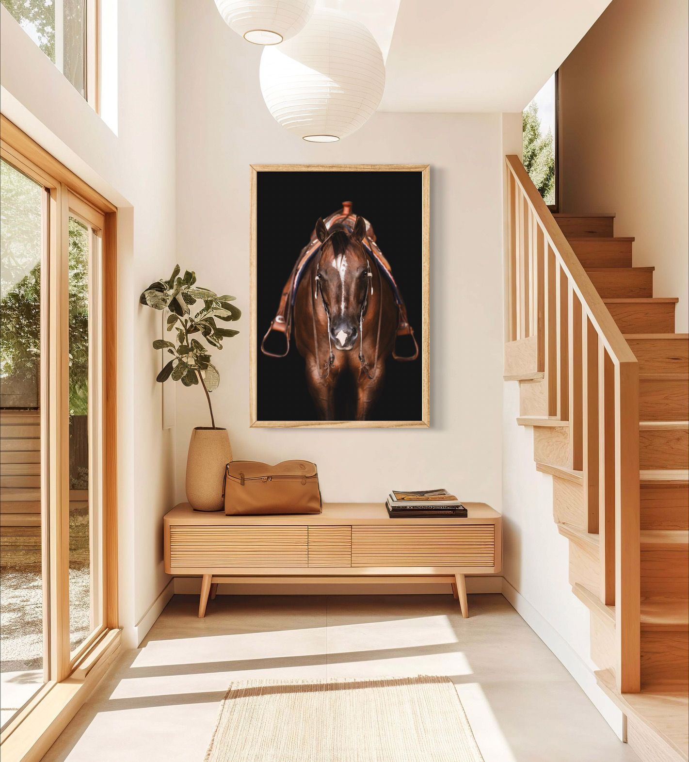 Modern entryway featuring large equine portrait above wooden console table near staircase.