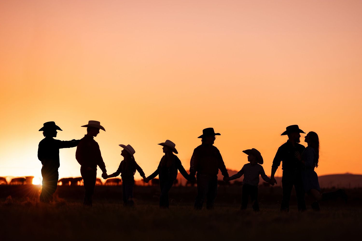 Silhouettes of people walking together at sunset, creating a scenic and atmospheric image.
