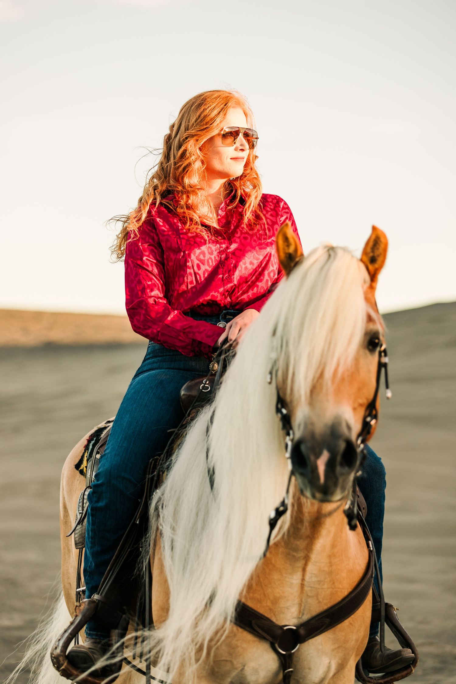 A rider in a red jacket sits atop a white-maned horse against a sunset sky.