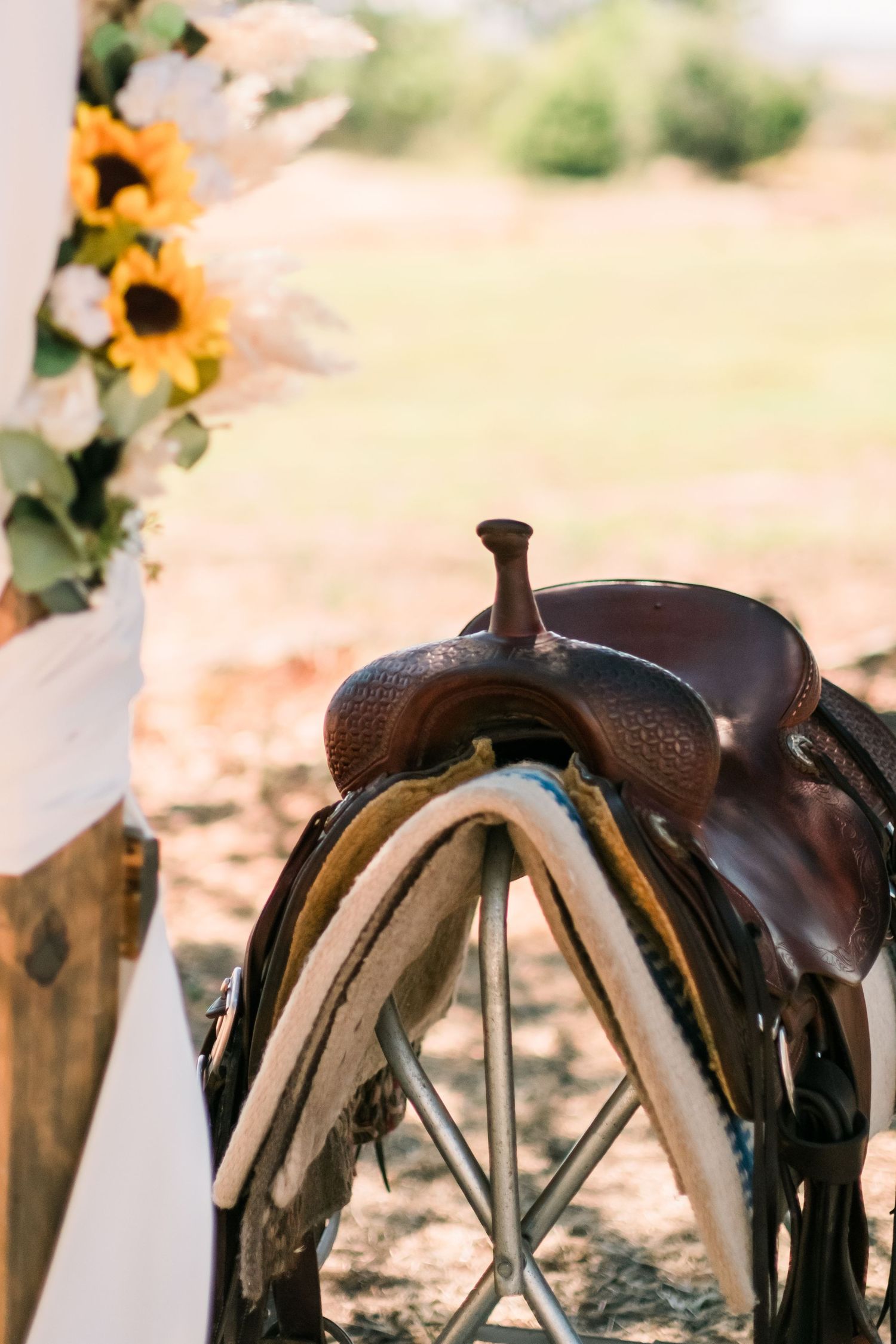 Western horse saddle details with decorative leather and metal hardware in rustic outdoor setting.