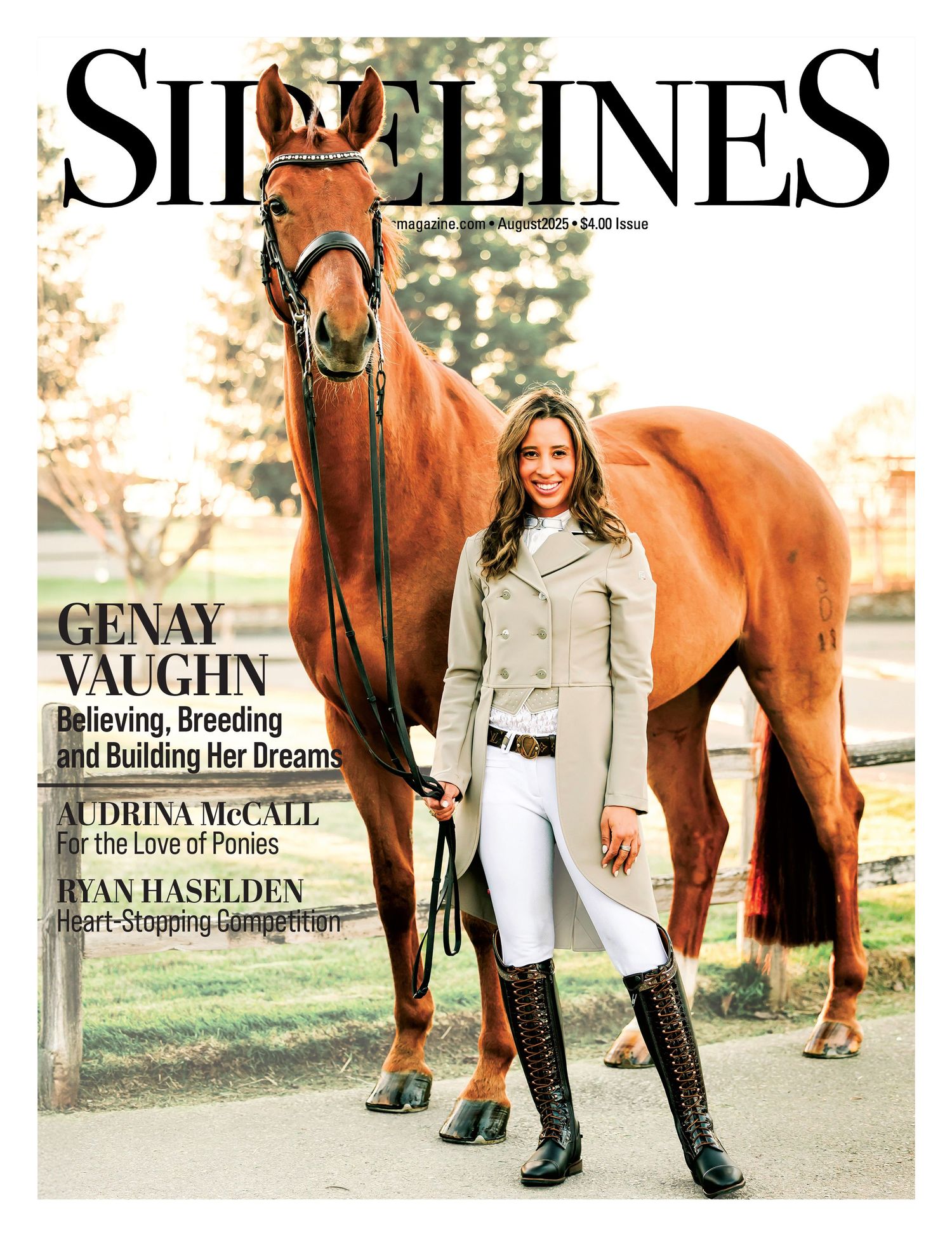 Professional equestrian stands beside a chestnut horse wearing riding attire and boots in an outdoor setting.